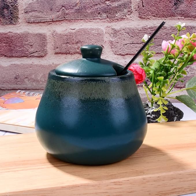 Green Ceramic Sugar Bowls with Spoon Porcelain Salt Container with Lid for Home and Kitchen