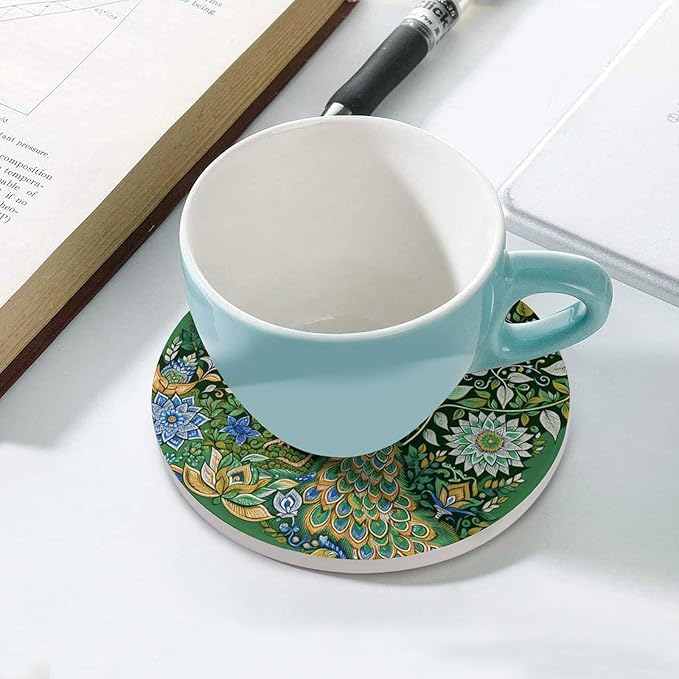 Peacock Drink Coasters, Round Ceramic Drink Coaster Round-4PCS, Beautiful Green Plant Floral Peacock Boho Art Pattren Decor Absorbent Ceramic Coasters for Beverage Cup, Bar, Coffee Table