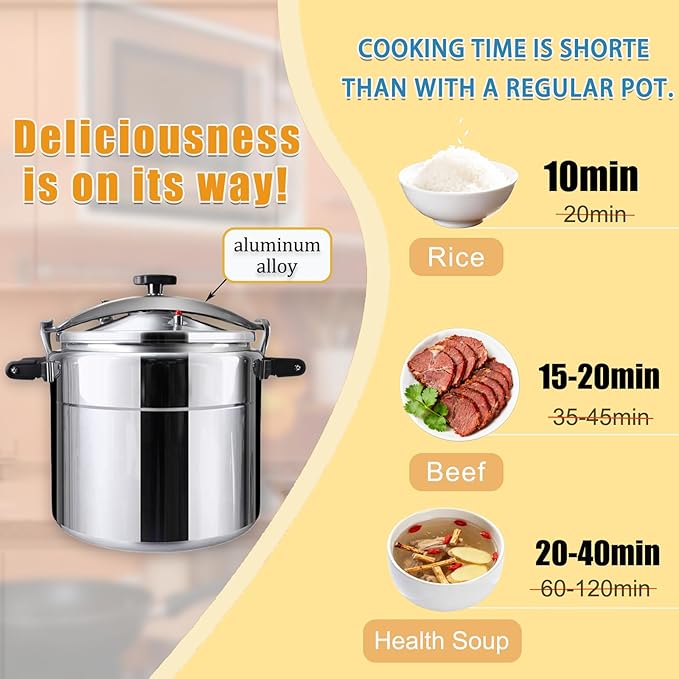 kilogorge 26 Quart Clamp On Pressure Cooker,Heavy-Duty Aluminum Pressure Cooker with Safety Bar Locking Lock, 2 ValvesrFast Cooking,for All Stovetops (Induction Compatible), for Family or Commercial