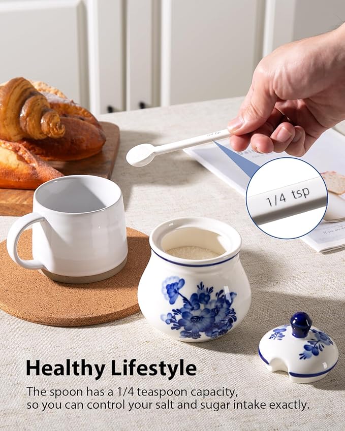 Ceramic Sugar Bowl with Lid and Spoon, 11Oz Sugar Container for Coffee Bar, Blue and White Sugar Jar/Dispenser, Flower