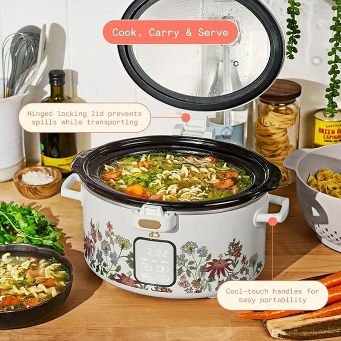 4QT Programmable Slow Cooker with Hinged Lid, Touch Display, Multiple Heat Settings, Ideal for Family Meals