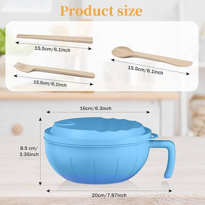 steo spce Large Ramen Bowl Set, 40 Oz Microwaveable Noodle Cooker with Leak-Proof Lids, Chopsticks, Spoon & Fork – Portable and Dishwasher Safe, Ideal for Home, Office, Dorm, or Gift Light (Blue)