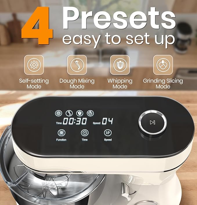 Bonnor Stand Mixer 6QT Kitchen Mixer with LED Smart Touchscreen, 11-Speed Tilt-Head Mixer with Timer, 4 Preset Menus, Stainless Steel Bowl, Dough Hook, Whisk, Beater,White