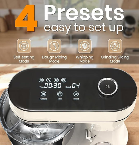 Bonnor Stand Mixer 6QT Kitchen Mixer with LED Smart Touchscreen, 11-Speed Tilt-Head Mixer with Timer, 4 Preset Menus, Stainless Steel Bowl, Dough Hook, Whisk, Beater,White