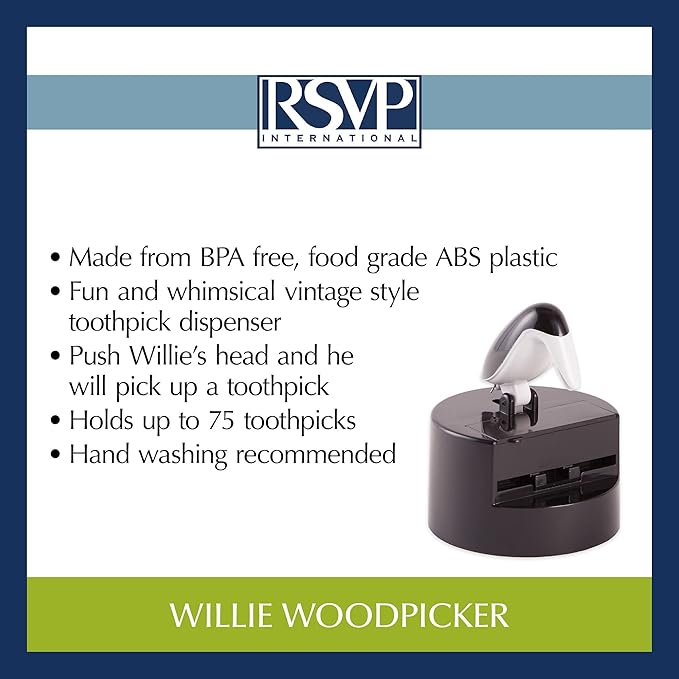 RSVP International Willie Woodpicker Toothpick Holder, Woodpecker, 100 Count,Plastic, Black & White