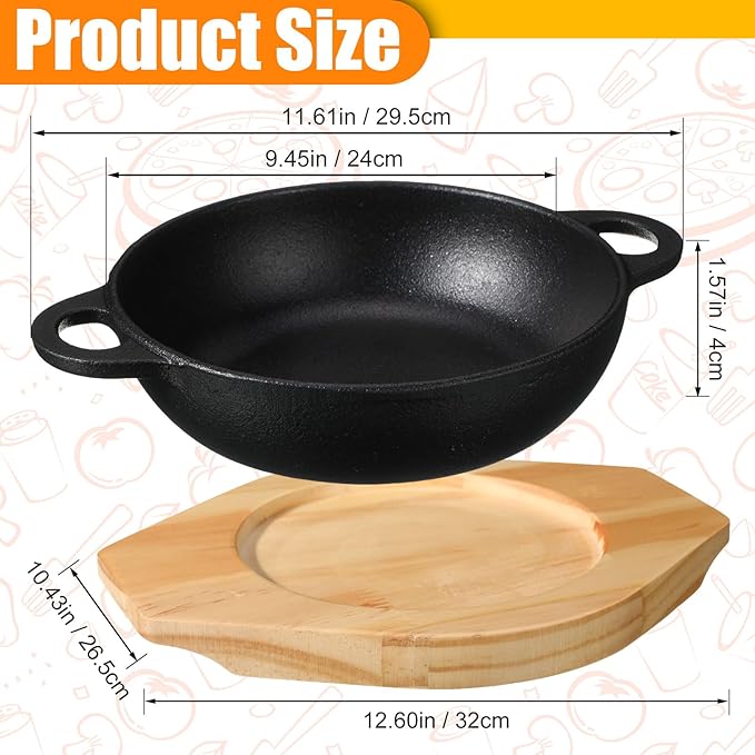 2 Sets Mini Cast Iron Skillet with Wooden Base Small Cast Iron Plates Skillet Pan Round Fajita Plate Hot Steak Pot Dish for Baking Cooking (9.45 Inch)