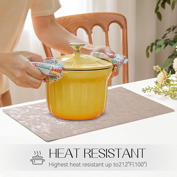 Romanstile Vinyl Placemats Set of 6-12 X 17 Inch - Heat Resistant Non-Slip Embossed Floral Place Mats 100% Waterproof Oilproof Wipeable Faux Leather Table Mats for Kitchen/Dining/Party, Khaki