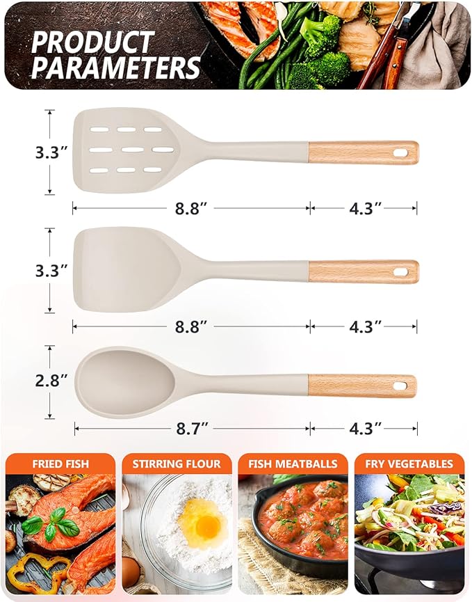 Pack of 3 Silicone Spatula, Non Stick Cooking Utensil Set Wooden Handle Kitchen Turner for Baking Mixing Grilling Serving Food Heat Resistant Non Scratch Hooks Included,Khaki
