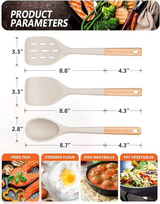 Pack of 3 Silicone Spatula, Non Stick Cooking Utensil Set Wooden Handle Kitchen Turner for Baking Mixing Grilling Serving Food Heat Resistant Non Scratch Hooks Included,Khaki