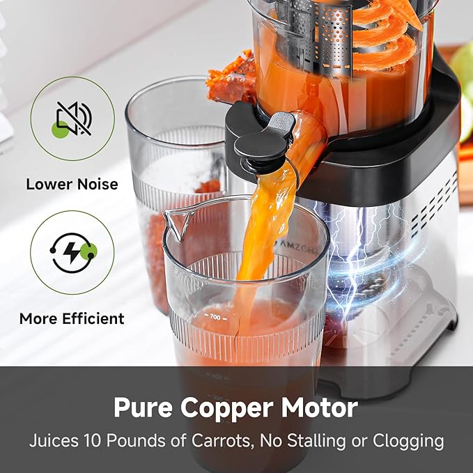 AMZCHEF Cold Press Juicer, 5.4" Juicer Machines with Large Feed Chute for Whole Fruits & Vegetables, Stainless Steel Juice Extractor with Large Auger, Triple Strainers, Easy Cleanup & Assembly