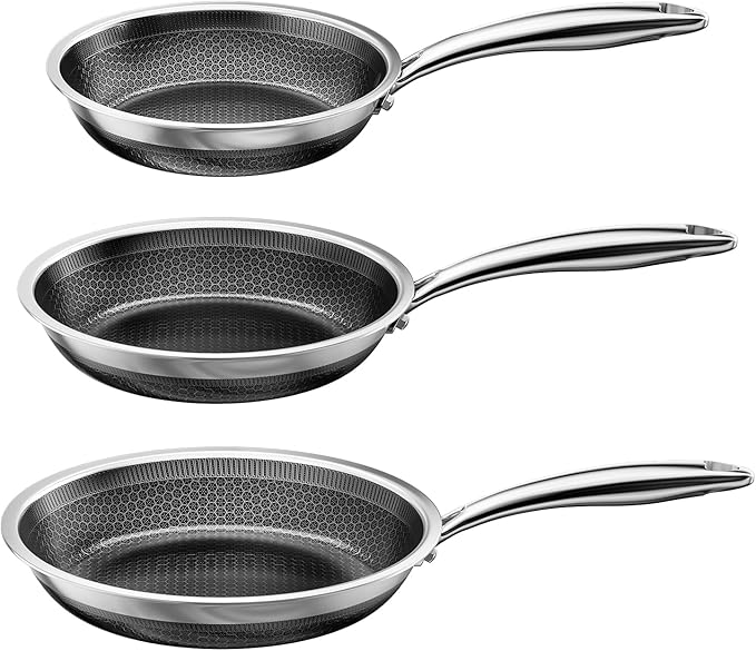 Fogdream 8"10"12" Non Stick Frying Pans, Stainless Steel Skillet with Lid, Tri-Ply Stainless Steel for All Cooktops, Dishwasher and Oven-Safe Cooking Pan, Stay-Cool Handle, Silver