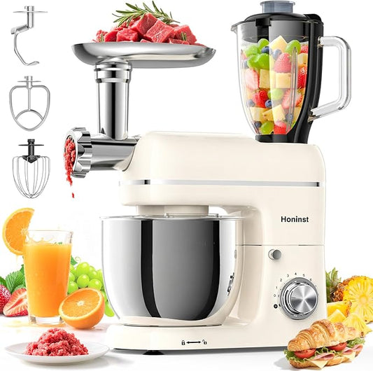 Honinst Stand Mixer, 7-IN-1 6.5QT 660W Multifunctional Electric Kitchen Mixers with Blender, Meat Grinder, Dough Hook, Whisk and Beater, 8-Speed Food Mixer for Baking, Cooking, Food Processing, Beige