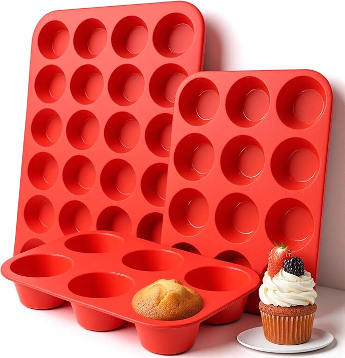 Oqqlin 3 Pcs Silicone Muffin Pan Set, Silicone Muffin Pans for Baking Red 24/12/6 Cups Mini/Regular/Jumbo Non-Stick Cupcake Pan for Kitchens, Restaurants, Bakeries