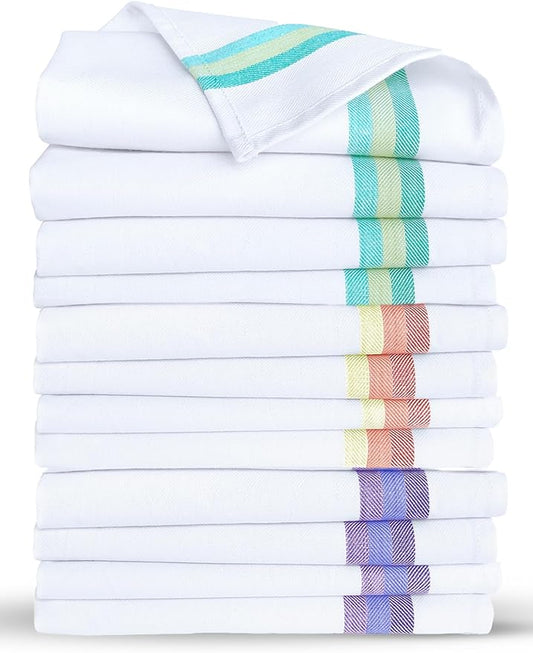 Premium Kitchen Towels (28”x20” - 12 Pack) 100% Natural Cotton Large Dish Cloths | Dish Towels for Kitchen with Hanging Loop, Reusable Cleaning Cloths, Lint Free | Bleach Friendly | Assorted Colors