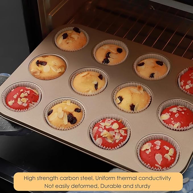 Cayanmydery 12-Cup Muffin Pan Tin for Baking, 2 Packs Nonstick Cupcake Pan Tin, Cup Cake Tray, Cheesecake Pans, Gold