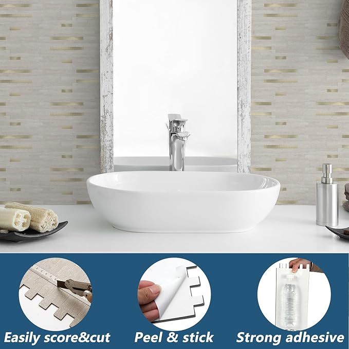 Yipscazo 10 Sheets PVC Wall Tiles Stick on Tiles for Backsplash Kitchen, Bathroom, Laundry Room, Camper, Fireplace (6'' X 12'', Beige Cave Stone)