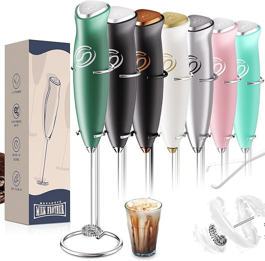 HeyLotie Milk Frother With Stand Handheld Frother Wand Drink Mixer Handheld Coffee Stirrers Electric Frother for Coffee Mixer Wand with 2 Whisk frother for protein powder-Green