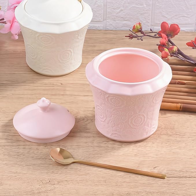 13.5oz Sugar Bowl with Lid and Spoon Pink Ceramic Sugar Creamer Container, Sugar Jar, Durable Sugar Pot for Coffee Bar Accessories, Coffee Bar Decor