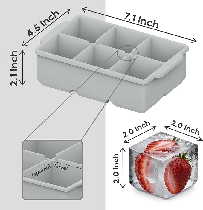 KitchFort Large Silicone Ice Cube Tray (2-Pack), Easy Release 2" Big Ice Cubes - Cocktail, Whiskey Ice Cubes Mold - Ice Trays for Freezer with Lid - Stackable Silicone Ice Tray - Gray