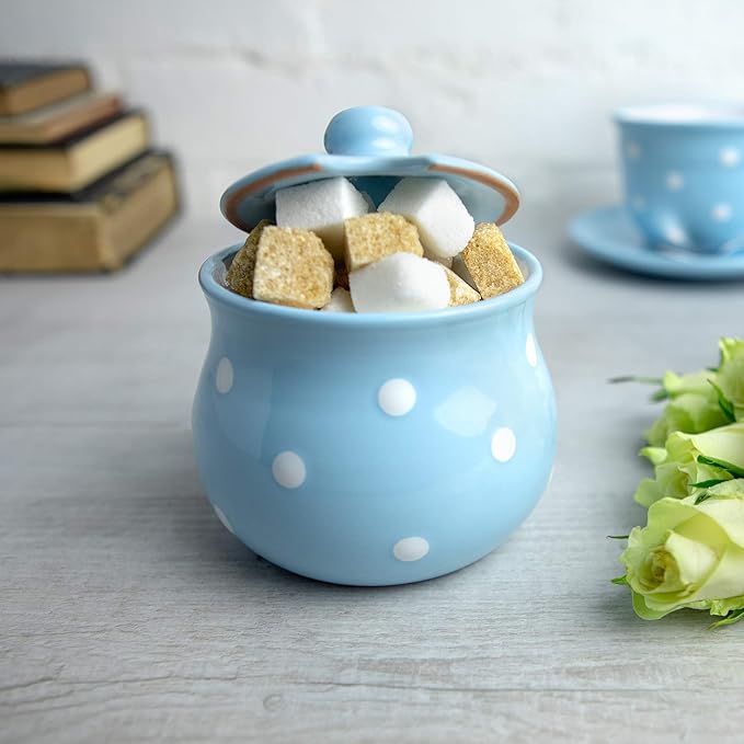 City to Cottage Ceramic Sugar Bowl with Lid, 10oz Contanier for Coffee Bar, Sugar Dispenser Bowl, Salt - Condiment Pot for Kitchen Counter, Handcrafted Sky, Baby Blue Polka Dot Sugar Jar
