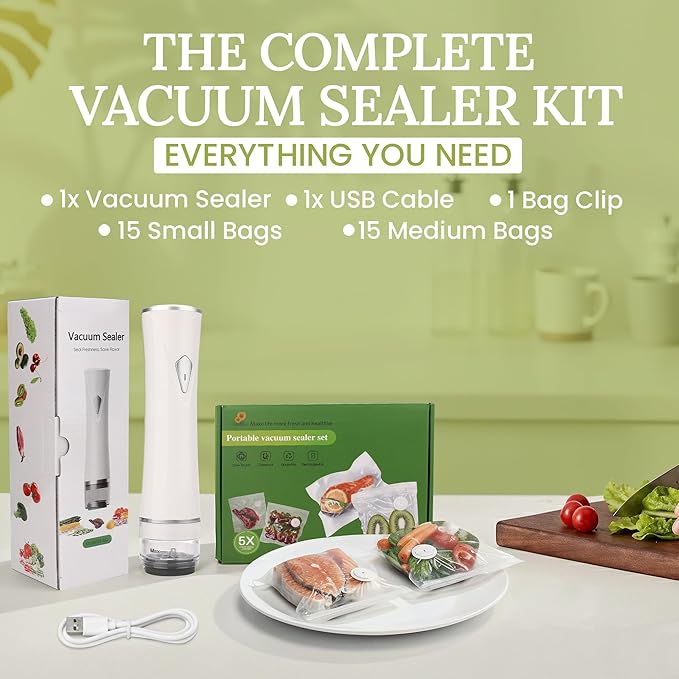 Handheld Vacuum Sealers for Food Storage – USB Rechargeable, 30 Reusable Vacuum Bags, Compact – From Sous Vide Bags and Sealer to a Snack Sealer and Freezer Meals
