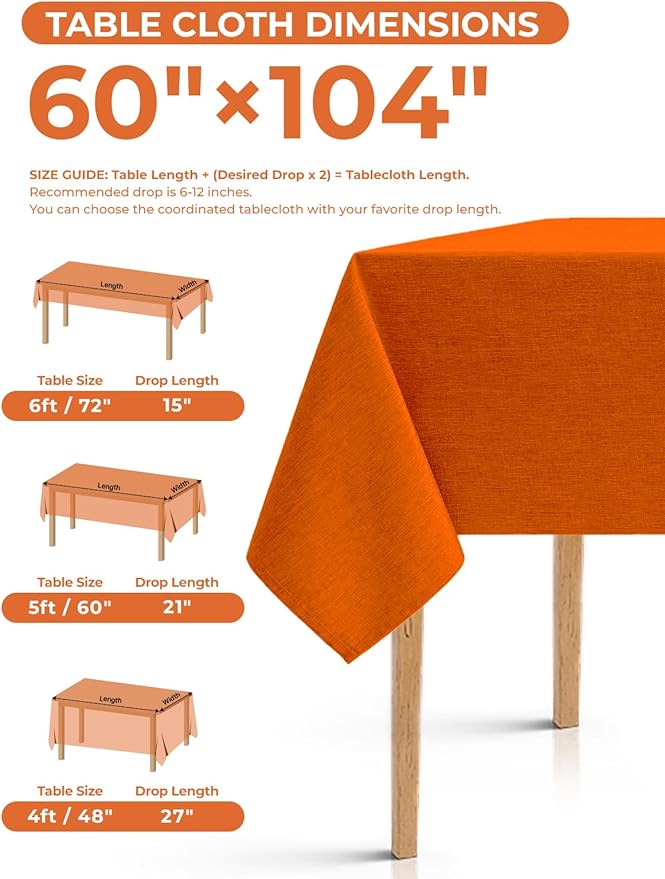 Waterproof Wipeable Table Cloth Rectangle Table for Wedding, Faux Linen Rustic Reusable Rectangular Table Cloth Cover for Dining, Party & Camping(Oblong,60 x 104 Inch (8-10 Seats), Rust)