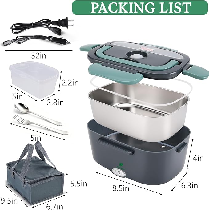 Electric Lunch Box for Adults, Electric Lunch Box Food Heater, Portable Food Heater for Travel/Home/Office,12V/24V/110V Heated Lunch Box,Loncheras para Hombres de Trabajo,GreyGreen