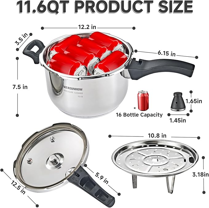 VITASUNHOW Stainless Steel Pressure Cooker with Steamer Basket Faster Cooking and Safety Pressure Release (11-Liter)