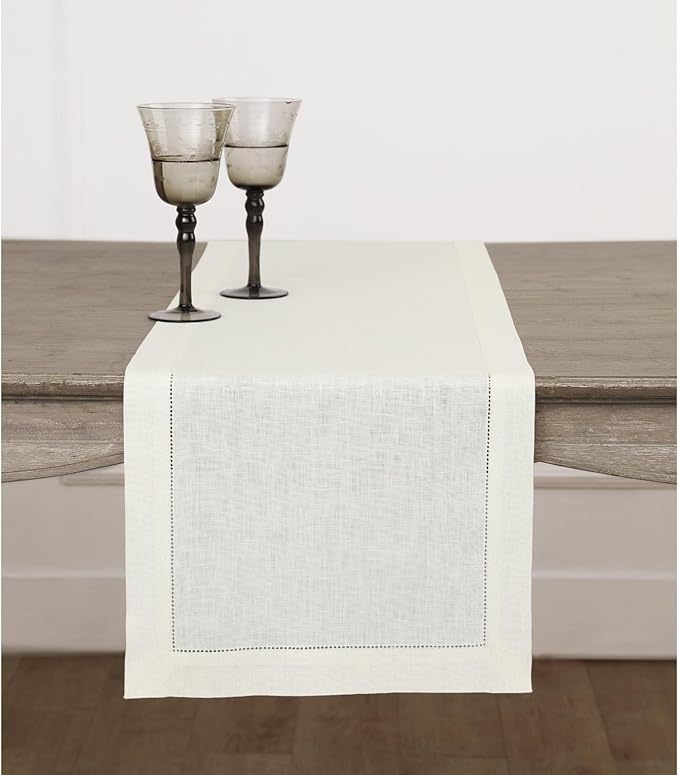 Solino Home Linen Ivory Table Runner 156 Inches Long - 100% Pure Linen Extra Long Table Runner 14 x 156 Inch for Spring, Easter - Classic Hemstitch