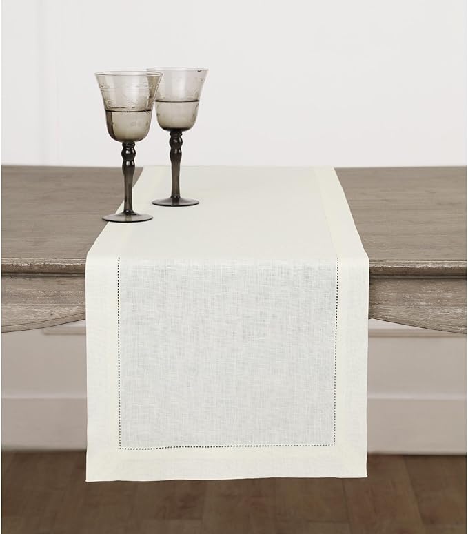 Solino Home Linen Ivory Table Runner 108 Inches Long - 100% Pure Linen 14 x 108 Inch Table Runner for Spring, Easter - Classic Hemstitch