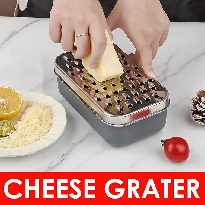 Cheese Grater Citrus Lemon Zester with Food Storage Container & Lid - Perfect For Hard Parmesan Or Soft Cheddar Cheeses, Ginger, Vegetables, Butter, Chocolate & Nutmeg, Gray