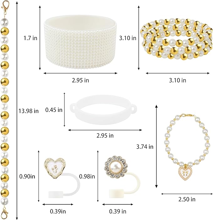 Cup Accessories for Stanley 30/40oz Tumbler containing Pearl Straw Cover Topper, Silicone Cup Boot, Water Bottle Handle Strap& Pearl Bracelets Charms(Pearls with Gold Beads)