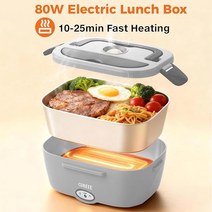 Electric Lunch Box Food Heater - 80W Fast Heating, 1.5L Heated Lunch Box Leak-Proof 304 Stainless Steel Portable Food Warmer, (12V/24V Car/Truck & 110V Home), Ideal for Work/Travel（White-grey）