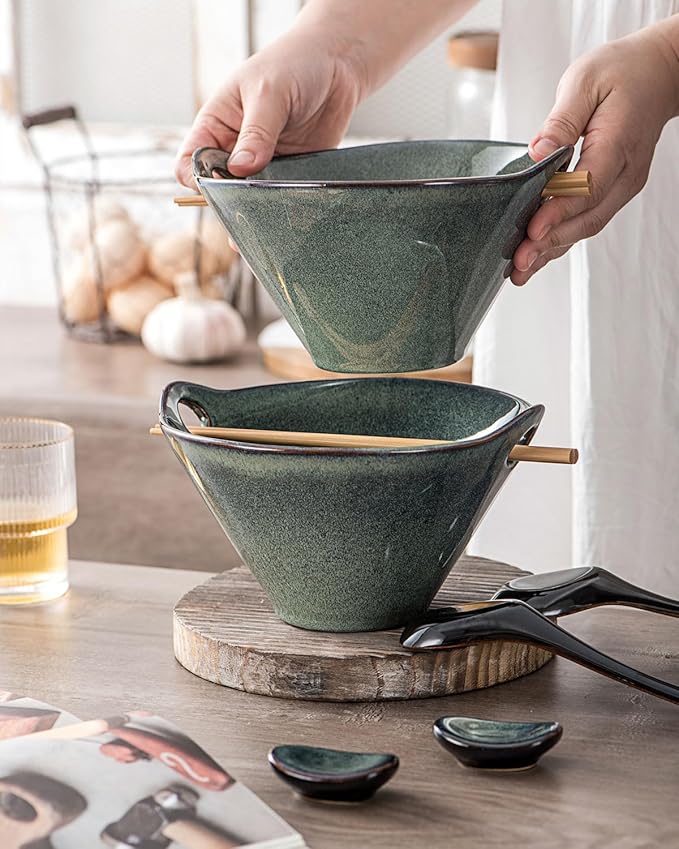 UNICASA Japanese Ramen Bowl Set with Chopsticks, Spoons and Rests, 26oz Deep Porcelain Noodle Bowl Set of 2 for Udon, Pho, Salad, Soup (Teal Green)