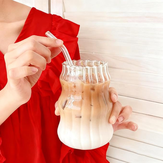2 Pcs Ribbed Glass Cups, 18 oz Aesthetic Drinking Glasses for Coffee, Iced Drinks, Matcha - Cute Wavy Design Glassware