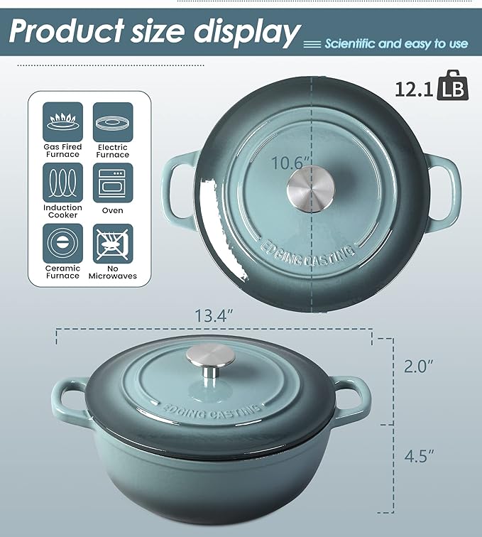 EDGING CASTING Enameled Cast Iron Dutch Oven Pot with Lid for Sourdough Bread Baking, Bread Dutch Ovens, Cooking Pots, 5 Quart, Slateblue
