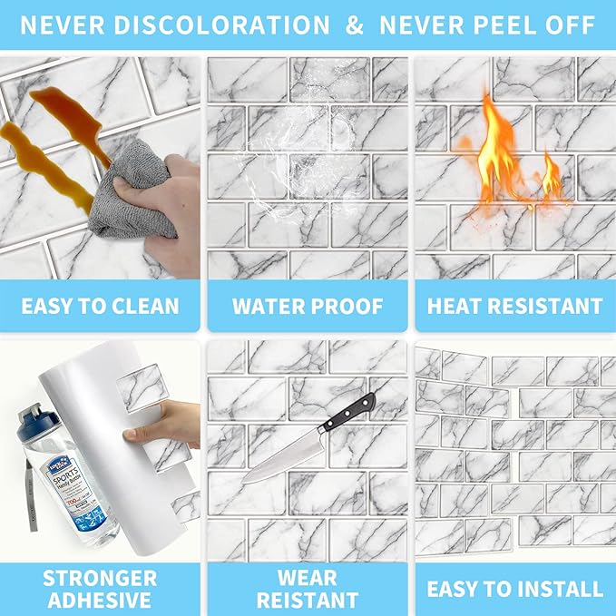 URCOLOR 10-Sheet backsplash Tile for Kitchen Peel and Stick,12"x12" Self Adhesive Subway Wall Tiles Stick on Back Splashes for Bathroom White Marble