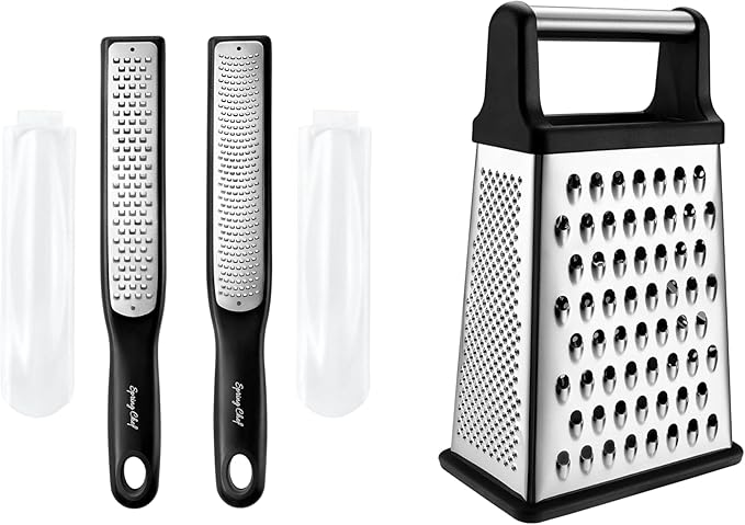 Spring Chef Stainless Steel Lemon Zester, Fine & Coarse Shred, Set of 2 & Professional Cheese Box Grater, XL Size - 2 Product Bundle - Black