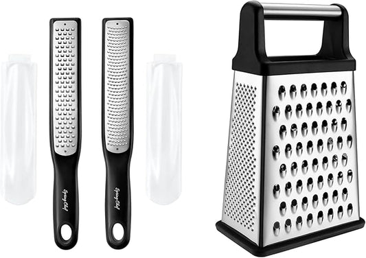Spring Chef Stainless Steel Lemon Zester, Fine & Coarse Shred, Set of 2 & Professional Cheese Box Grater, XL Size - 2 Product Bundle - Black