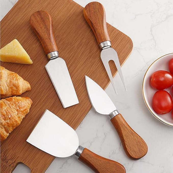 YUANQIAN Cheese Knife Set with Acacia Wood Handles - Cheese Knife, Spreader, Fork, Slicer - Mini Stainless Steel Cheese Tools for Charcuterie Boards (6Pcs/Set, S)