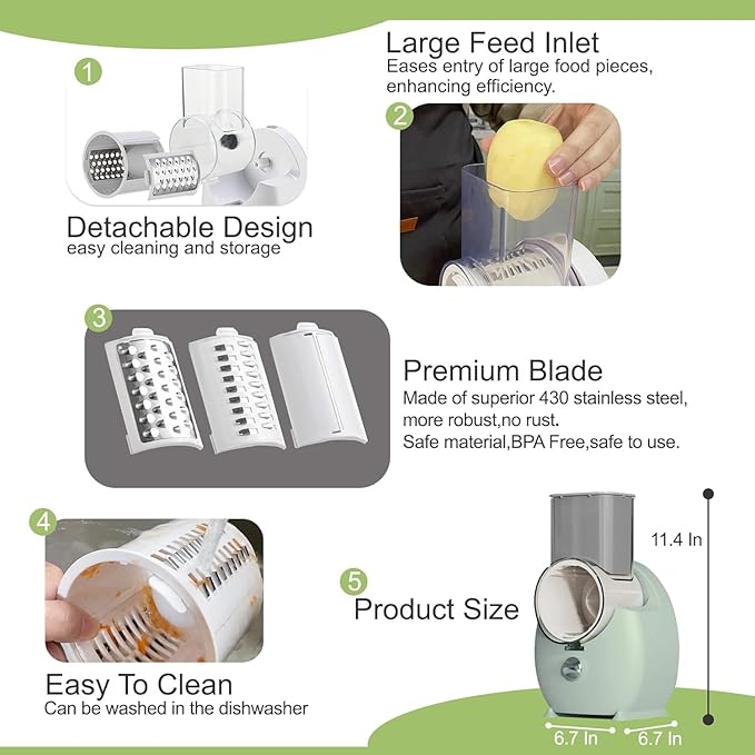 Electric Cheese Grater,3 In 1 Electric Grater For Home Kitchen,One-Touch Easy Control Salad Shooter Cheese Grater For Block Cheese Vegetable Cucumber Nuts