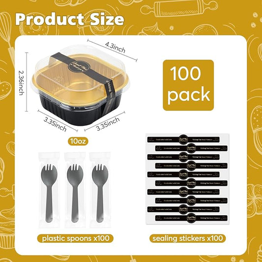 Ruckae 10oz 100 Pcs Square Mini Loaf Pans with Lids-Disposable Foil Dessert Containers,Mini Cake Pans with Lids,Aluminum Dessert Cups for Parties and Weddings (Black Gold, 10oz)
