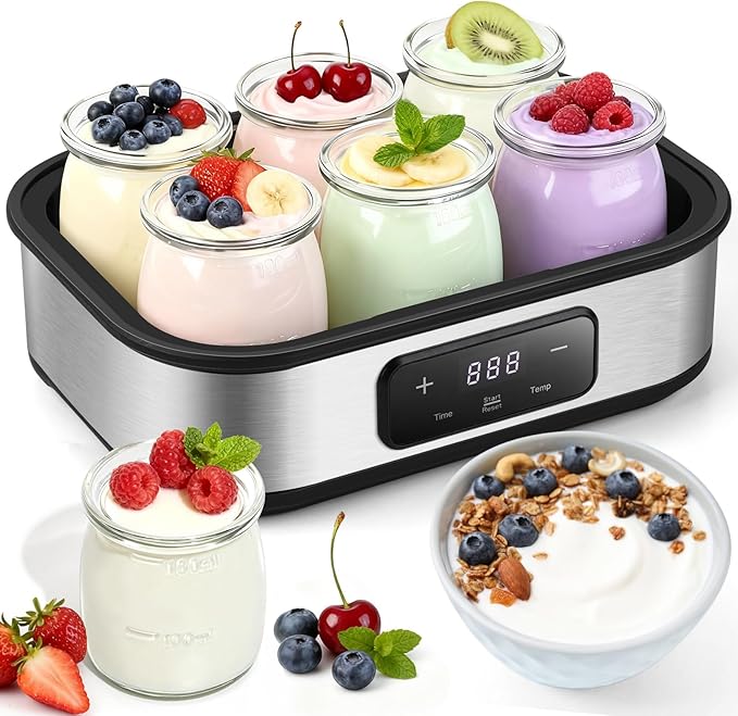 Yogurt Maker with Adjustable Temperature & 48H Timer - 6 Glass Jars for Homemade Probiotic Yogurt, for Family Wellness & Healthy Diet Lovers