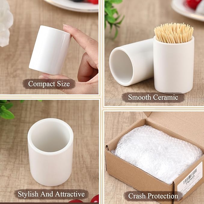 Mimorou 4 Pcs White Ceramic Toothpick Holder Simple Ceramic Toothpick Dispenser Container for Home Charcuterie, Easy to Clean(Round)