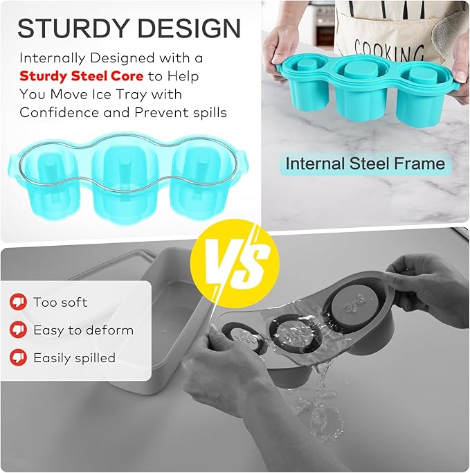 Longzon Easiest Release Ice Cube Tray for Stanley Cup 30-40oz Tumbler/Yeti Cup Ice Mold, Silicone Ice Tray Molds With Lid for Chilling Cocktails, Whiskey, Drinks, Coffee, Easy Release Ice Maker -Blue