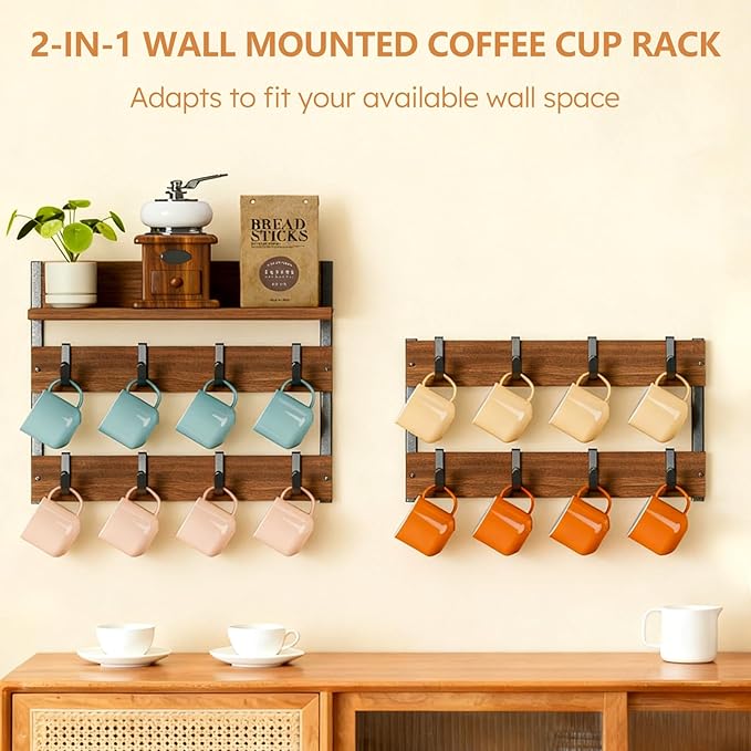 2-in-1 Coffee Mug Holder Wall Mount, 4-Tier Coffee Mug Rack Wall Mounted with 16 Adjustable Hooks and Storage Shelf, Wooden Cup Hanger Organizer for Home Kitchen Display and Collection