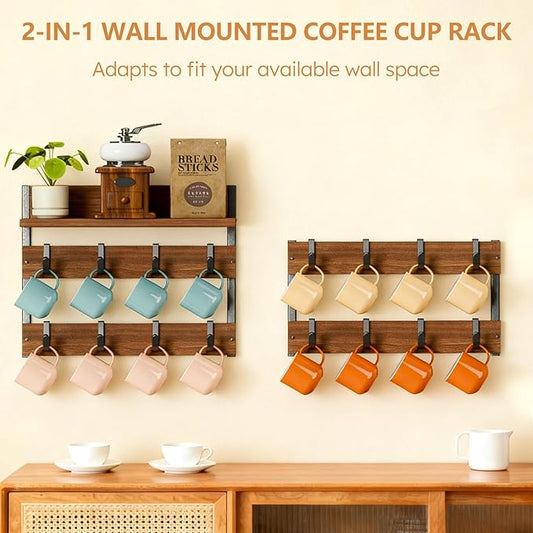 2-in-1 Coffee Mug Holder Wall Mount, 4-Tier Coffee Mug Rack Wall Mounted with 16 Adjustable Hooks and Storage Shelf, Wooden Cup Hanger Organizer for Home Kitchen Display and Collection