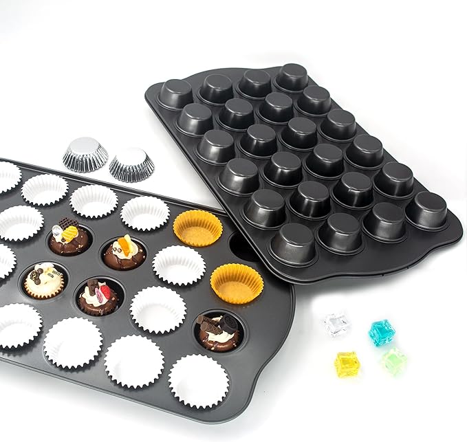 Bakexcel Non-Stick Mini Cupcake Pan, 1.97" 24-Cup Set of 2 Baking Pans, Heavy Duty Carbon Steel Tin for Mini Muffins & Cupcakes