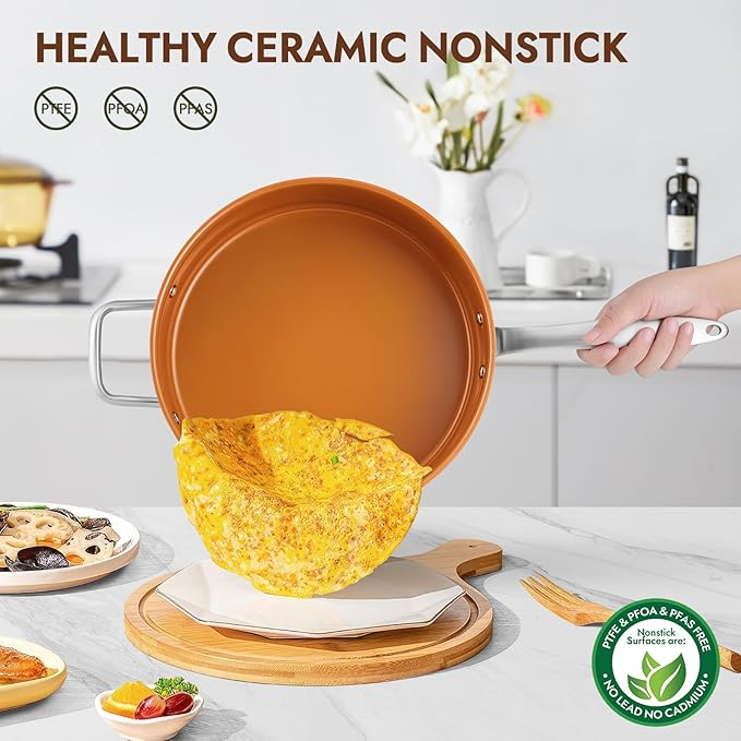duxtop pro Ceramic Saute Pan with Lid, 5.5QT Nonstick Frying Pan without PFAS, PTFE, or PFOA, Stainless Steel Base Deep Skillet for All Cooktops, Oven & Dishwasher Compatible