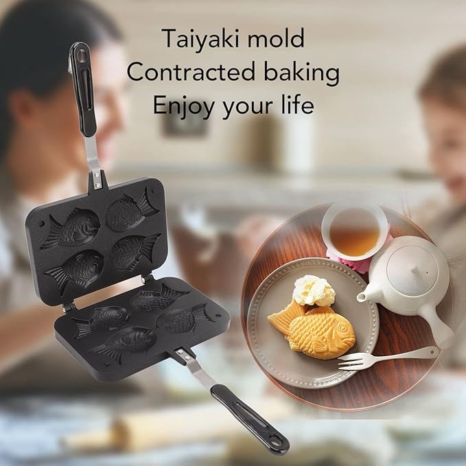 Taiyaki Fish Shape Cake Pan, Non Stick Waffle Cake Maker Pan with Long Handle Pancake Baking Double Pan Mold for Gas Stove Waffle Baking Mold for Home DIY Cooking Party